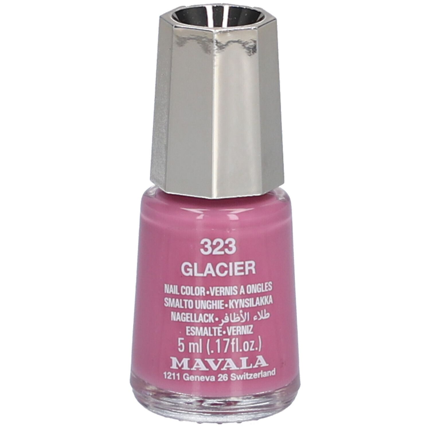 Flacon de vernis à ongles rose, bouchon argenté. Inscription : 323 Glacier, 5 ml, Mavala.