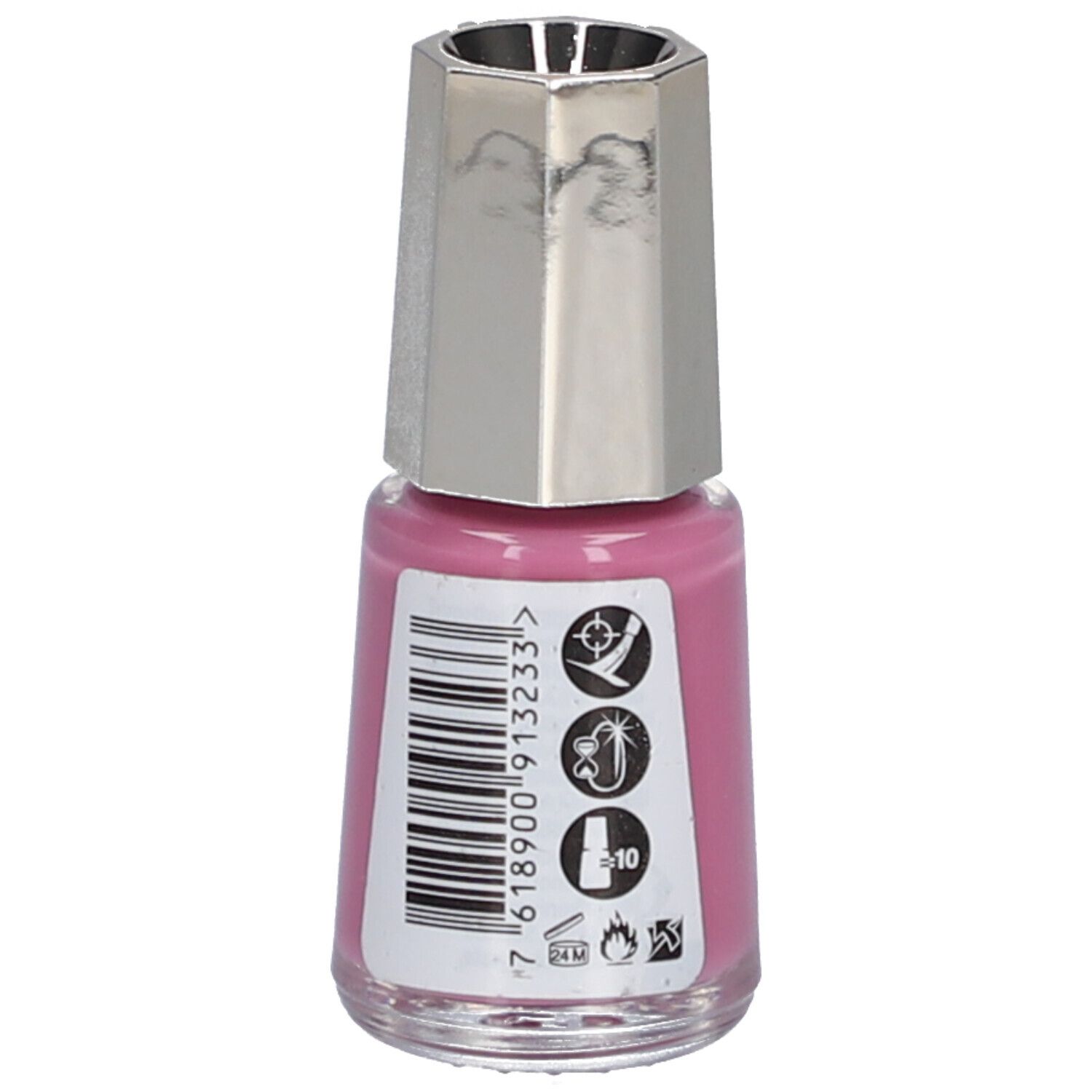 Flacon de vernis à ongles rose, bouchon argenté. Dos avec code-barres et symboles.