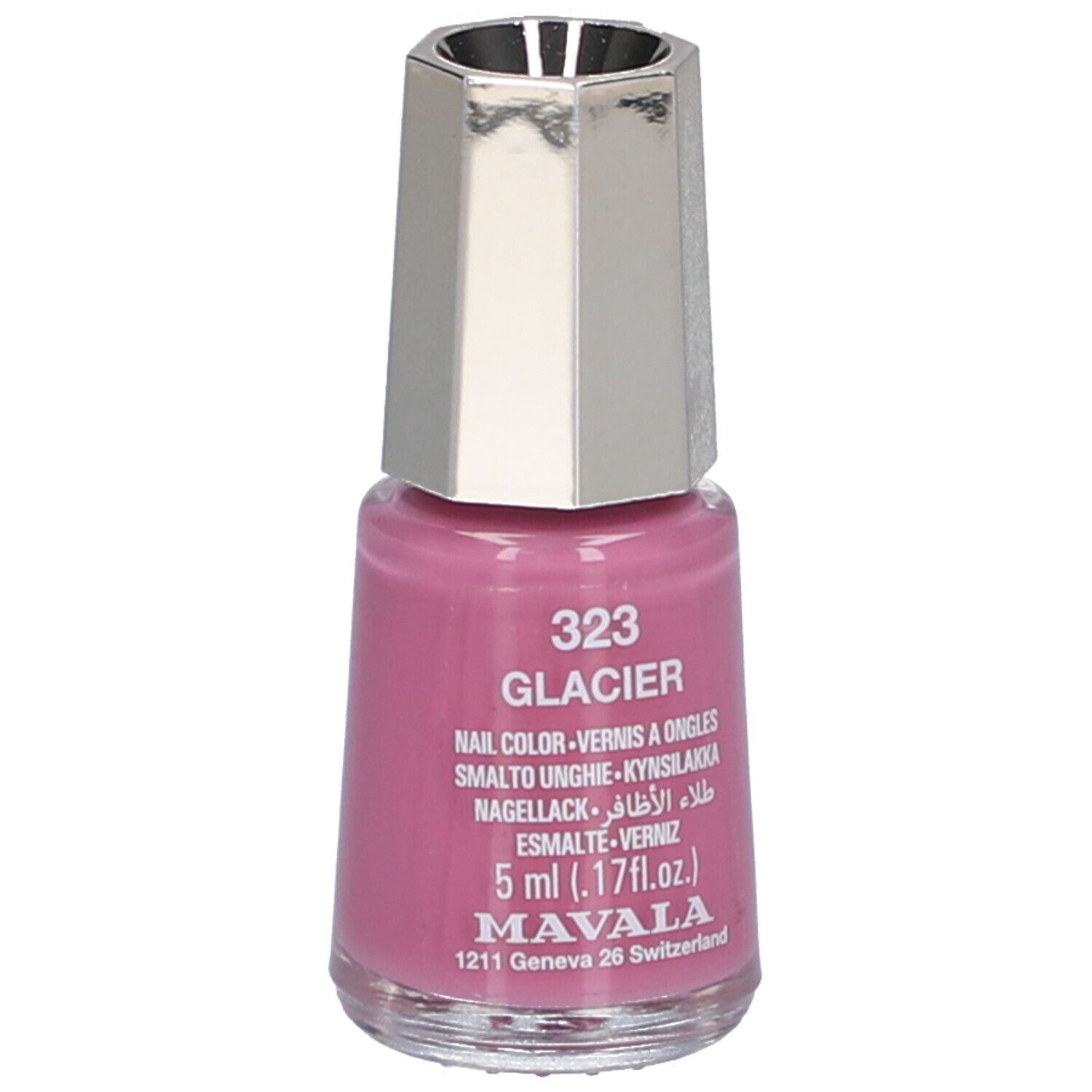 Flacon de vernis à ongles rose, bouchon argenté. Inscription : 323 Glacier, 5 ml, Mavala.
