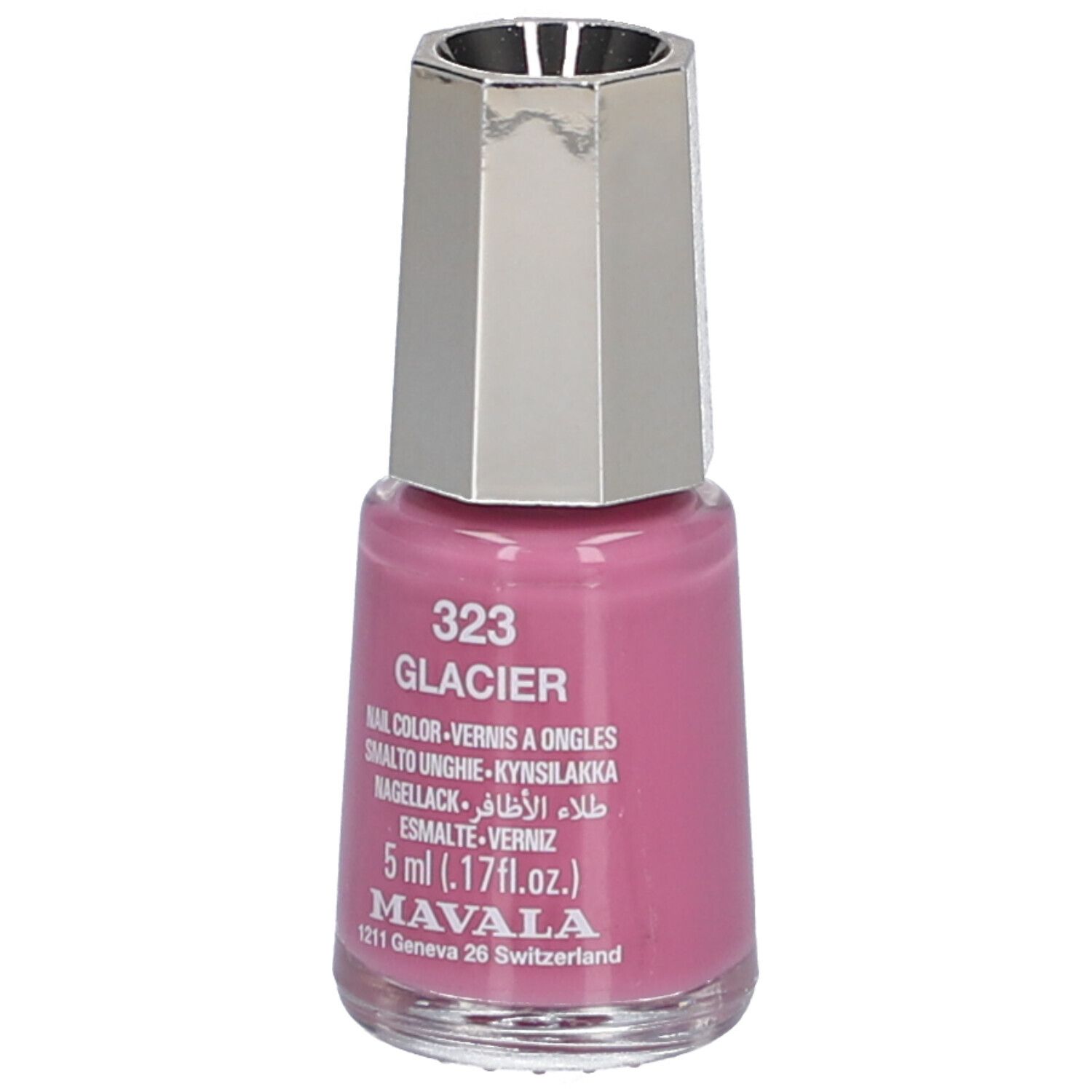 Flacon de vernis à ongles rose, bouchon argenté. Inscription : 323 Glacier, 5 ml, Mavala.