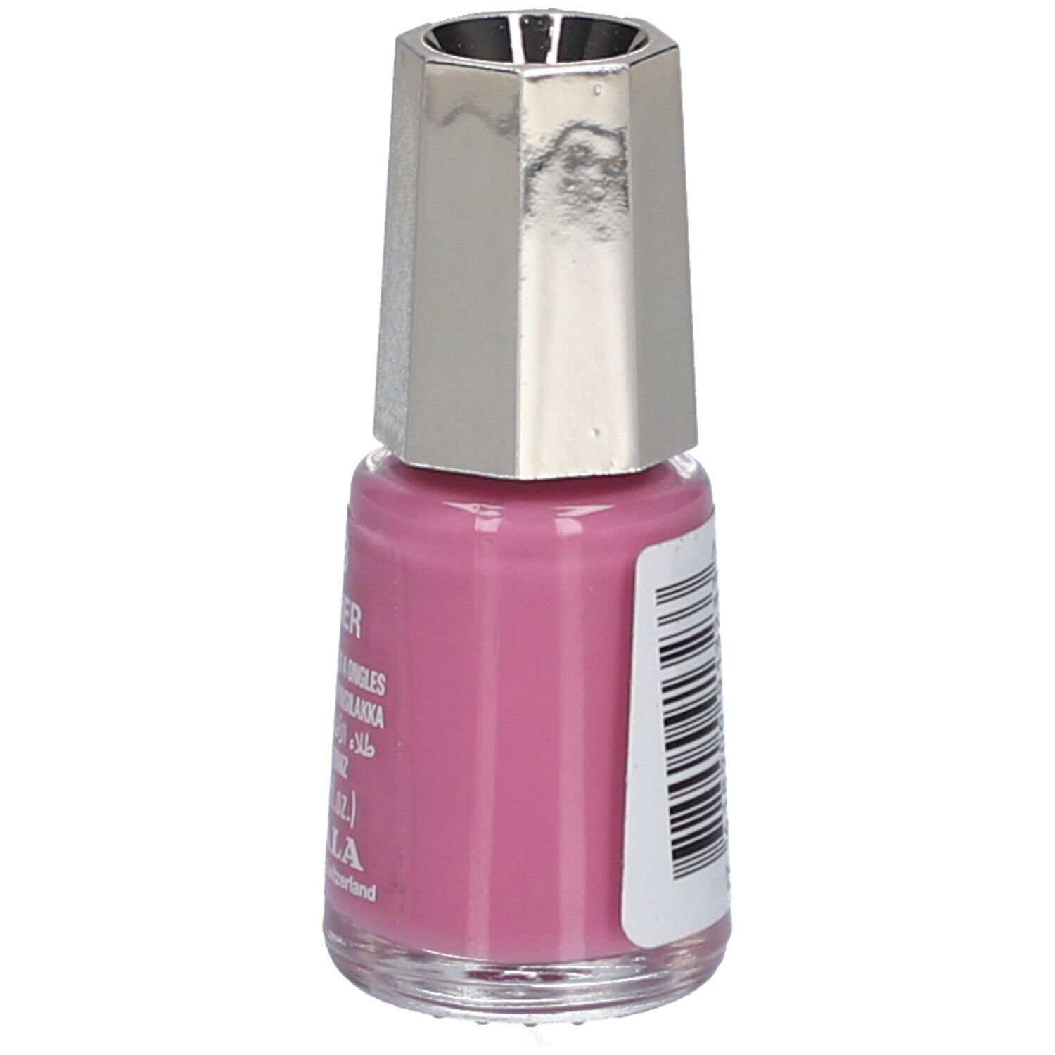 Flacon de vernis à ongles rose, bouchon argenté. Étiquette avec texte et code-barres.