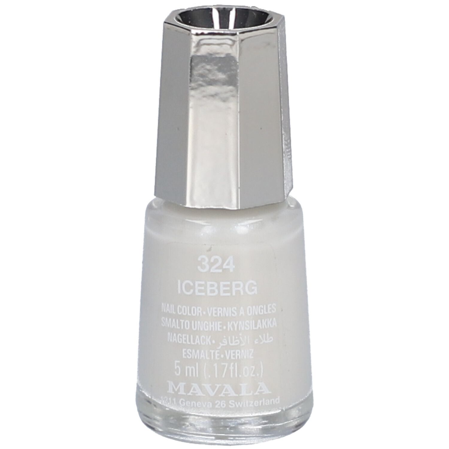 Flacon de vernis à ongles avec bouchon argenté. Inscription: 324 ICEBERG, vernis à ongles, 5 ml. Marque: MAVALA.