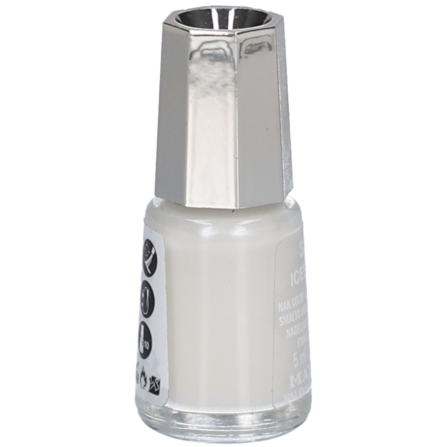 Flacon de vernis à ongles avec bouchon argenté. Des symboles et des avertissements sont visibles au dos.