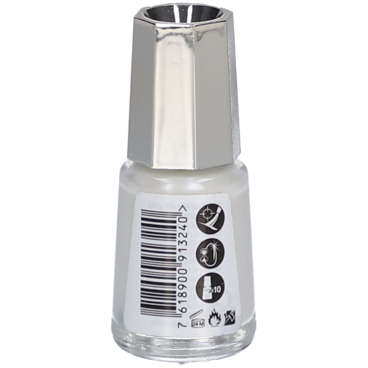 Flacon de vernis à ongles avec bouchon argenté. Code-barres et symboles au dos. Marque: MAVALA.