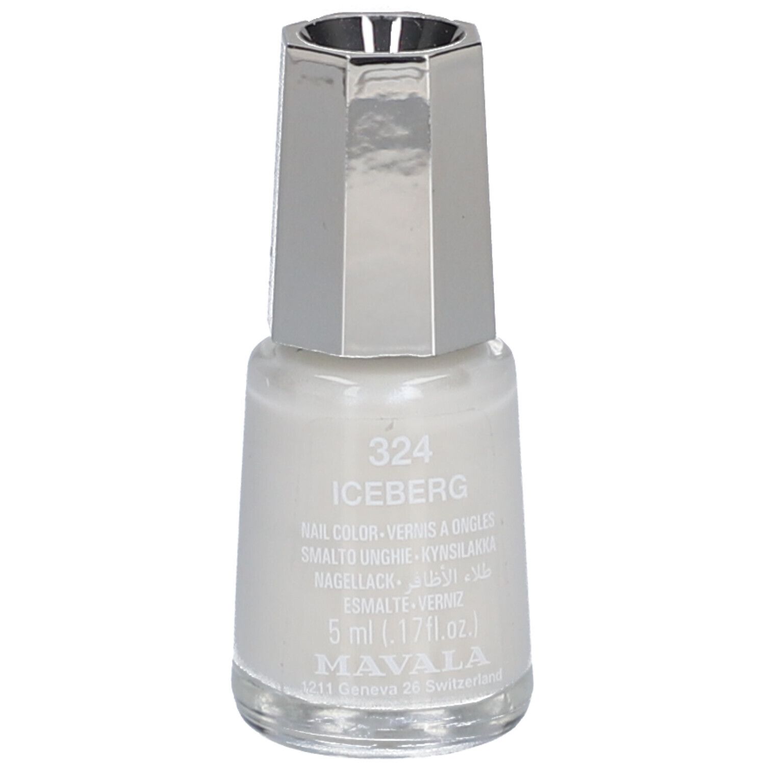 Flacon de vernis à ongles avec bouchon argenté. Inscription: 324 ICEBERG, vernis à ongles, 5 ml. Marque: MAVALA.