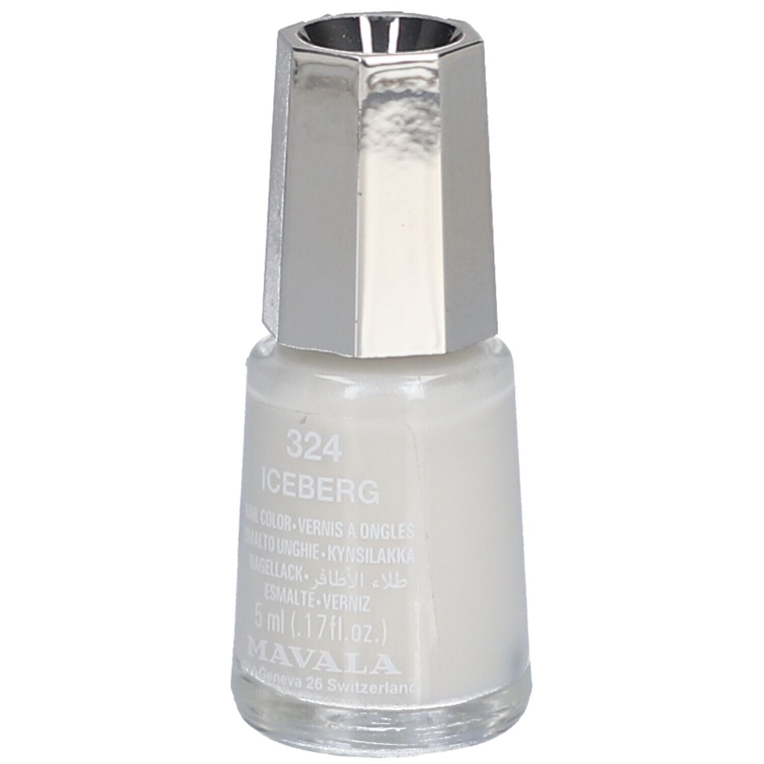 Flacon de vernis à ongles avec bouchon argenté. Inscription: 324 ICEBERG, vernis à ongles, 5 ml. Marque: MAVALA.