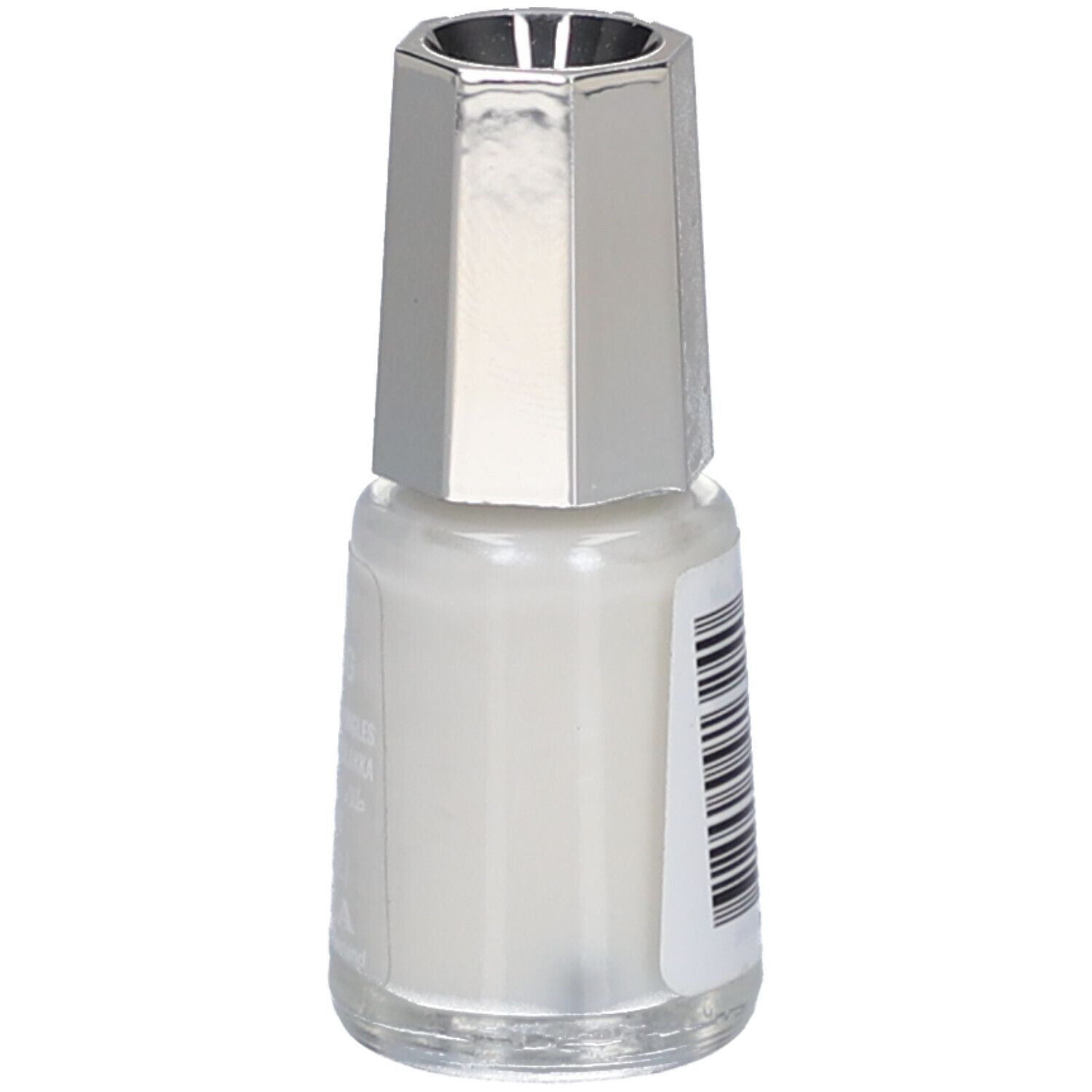 Flacon de vernis à ongles avec bouchon argenté. Code-barres au dos. Marque: MAVALA.