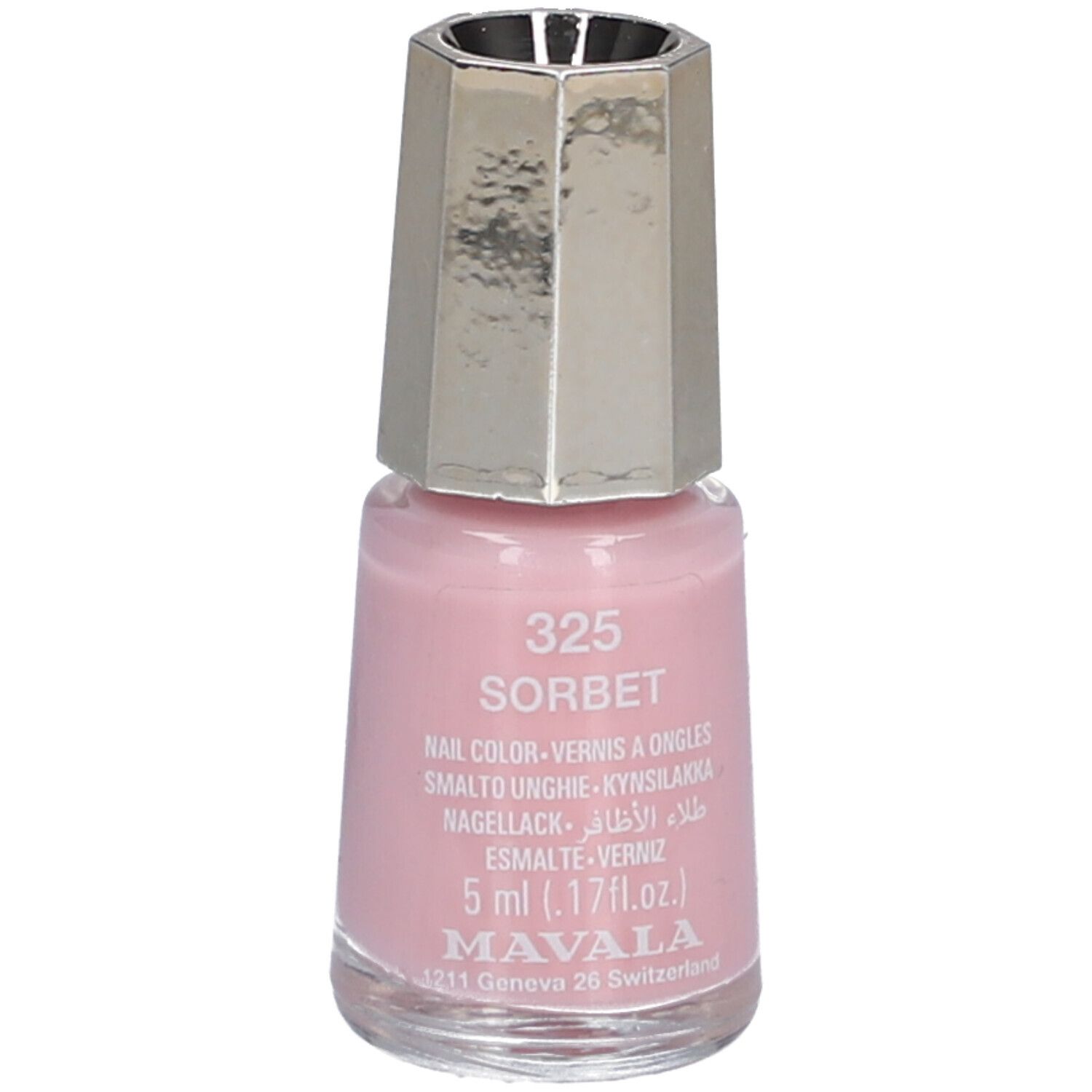 Flacon de vernis à ongles rose. Bouchon argenté. Inscription: 325 Sorbet, Nail Color, 5 ml, Mavala.
