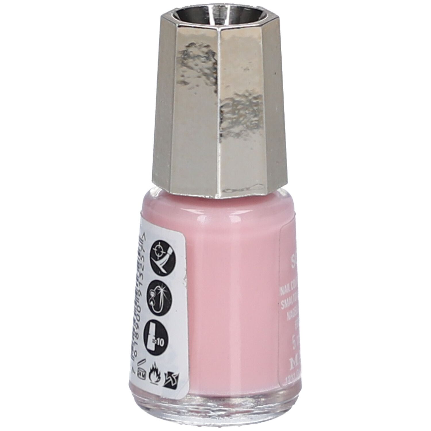 Flacon de vernis à ongles rose. Bouchon argenté. Autocollant avec symboles. Vue arrière.