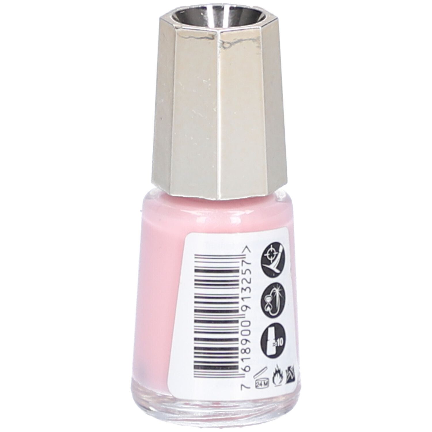 Flacon de vernis à ongles rose. Bouchon argenté. Code-barres et symboles sur l'étiquette.