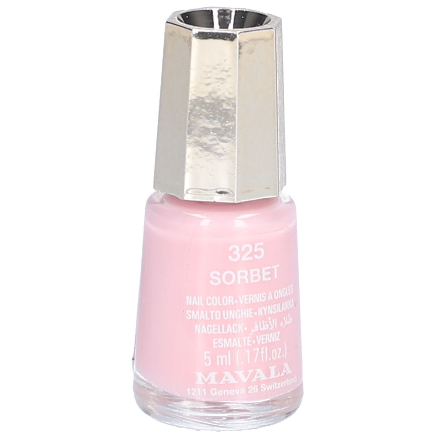 Flacon de vernis à ongles rose. Bouchon argenté. Inscription: 325 Sorbet, Nail Color, 5 ml, Mavala.