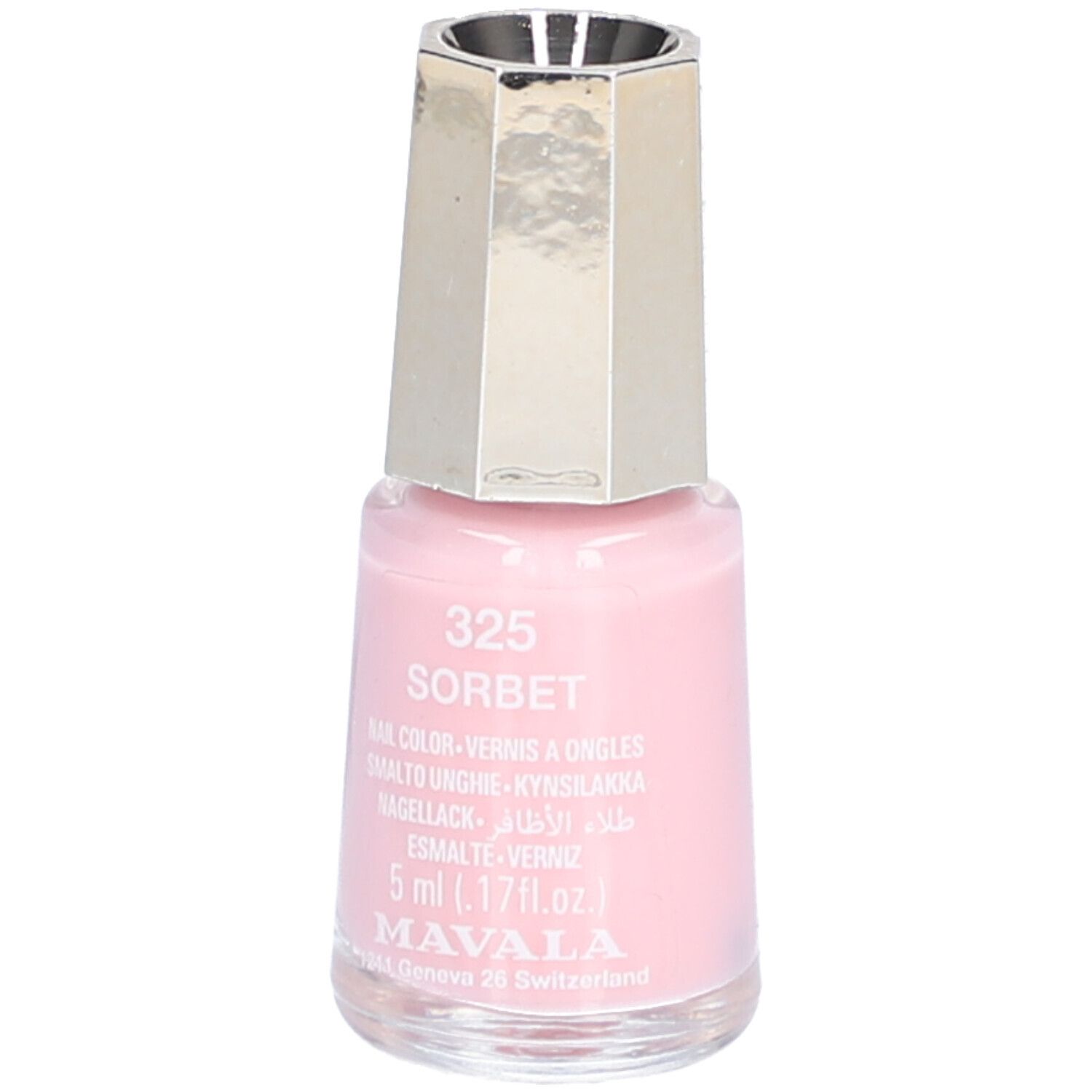 Flacon de vernis à ongles rose. Bouchon argenté. Inscription: 325 Sorbet, Nail Color, 5 ml, Mavala.