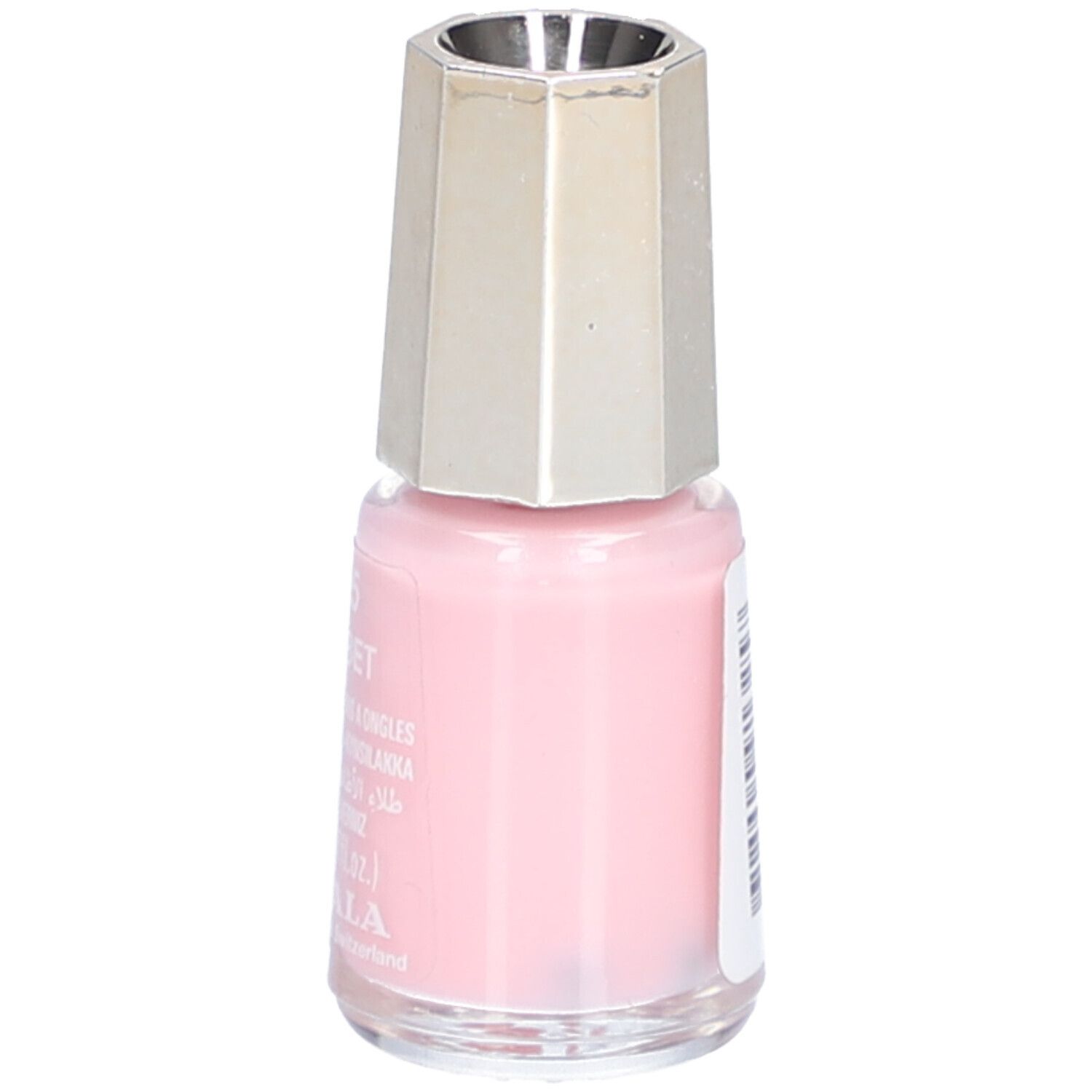 Flacon de vernis à ongles rose. Bouchon argenté. Inscription: 325 Sorbet, Nail Color, 5 ml, Mavala.
