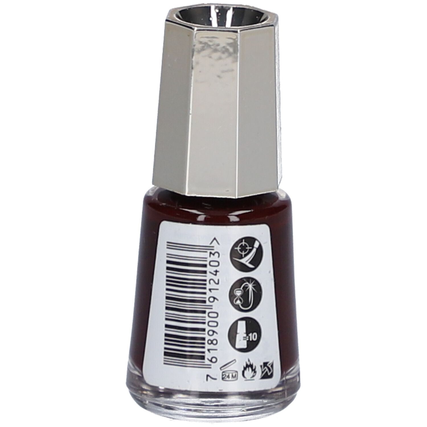 Flacon de vernis à ongles brun foncé. Bouchon argenté. Autocollant avec code-barres et symboles.