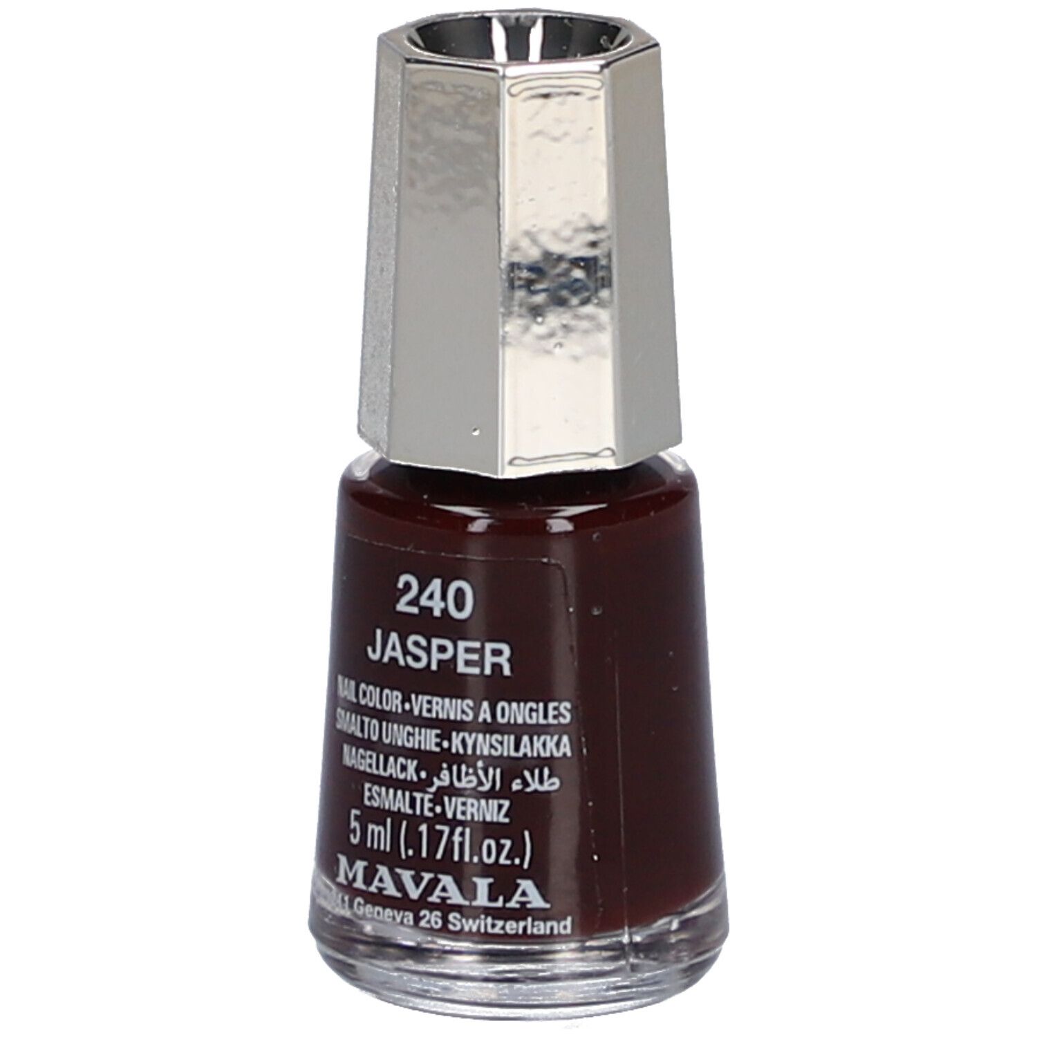 Flacon de vernis à ongles brun foncé. Bouchon argenté. Inscription : 240 Jasper, Nail Color, 5 ml, Mavala.