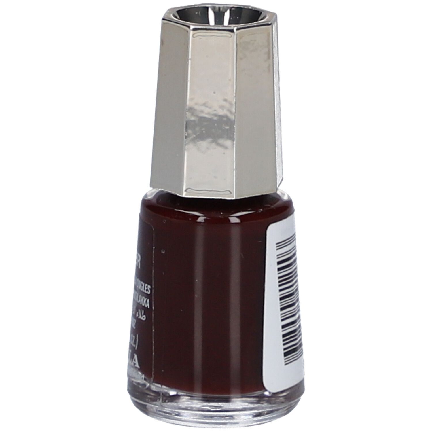 Flacon de vernis à ongles brun foncé. Bouchon argenté. Autocollant avec code-barres et texte.