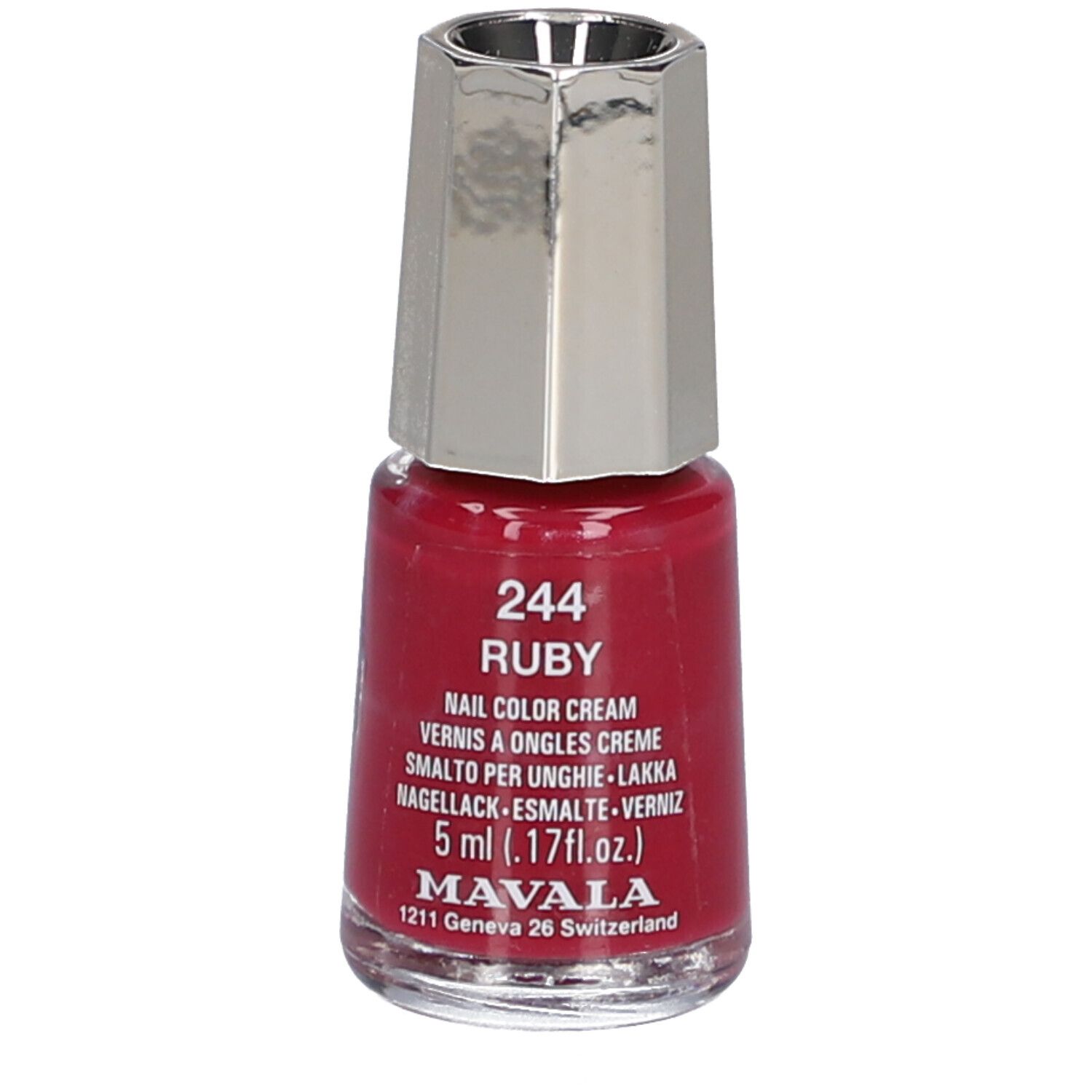 Flacon de vernis à ongles rouge rubis. Bouchon argenté. Inscriptions: 244 Ruby, Nail Color Cream, 5 ml, Mavala.