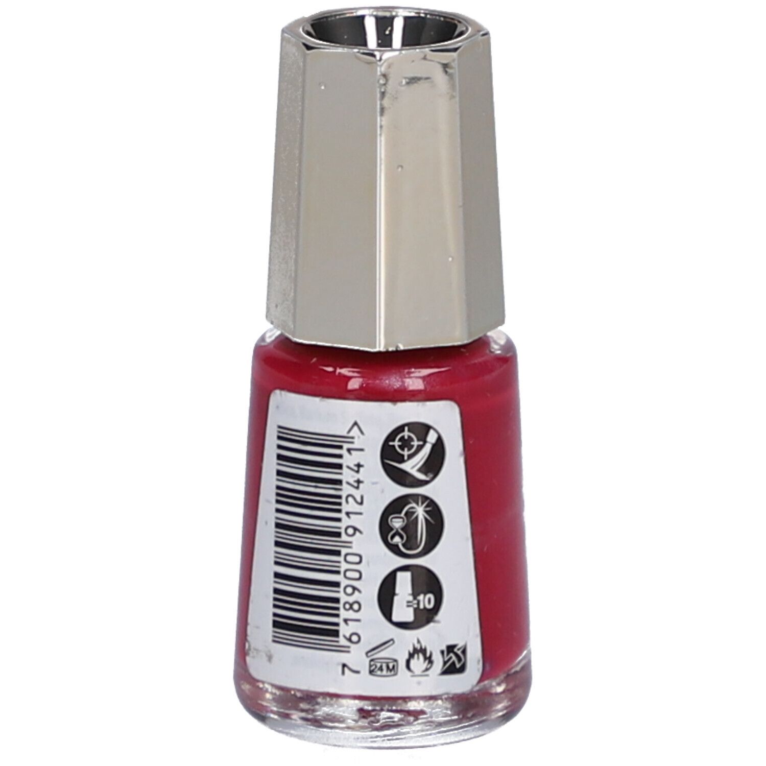 Flacon de vernis à ongles rouge rubis. Bouchon argenté. Autocollant avec symboles et code-barres. Inscription: 244 Ruby, Mavala.