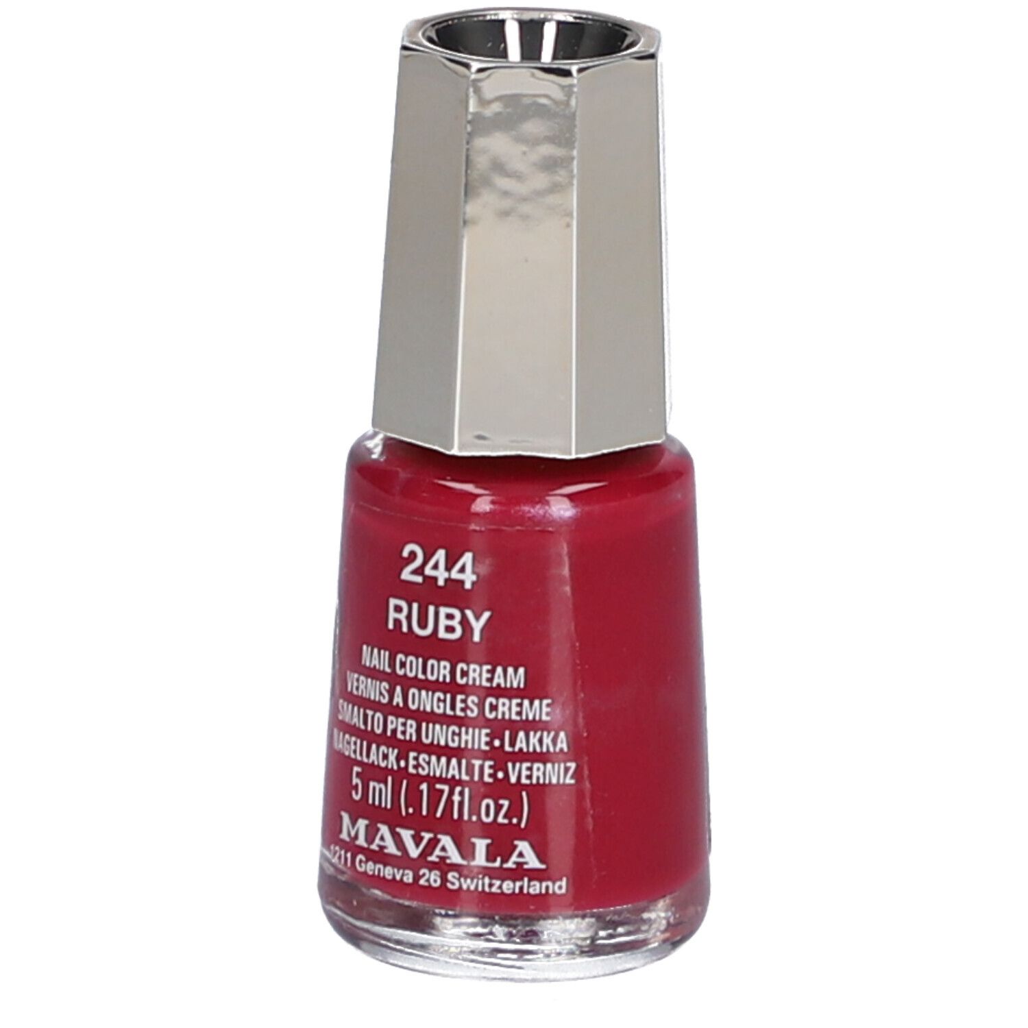 Flacon de vernis à ongles rouge rubis. Bouchon argenté. Inscriptions: 244 Ruby, Nail Color Cream, 5 ml, Mavala.