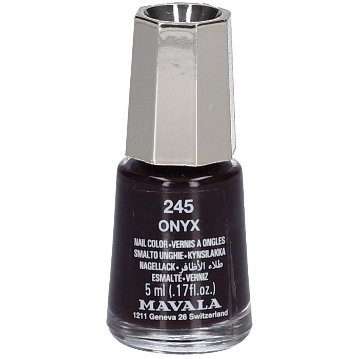 Flacon de vernis à ongles Onyx 5, couleur brun foncé. Bouchon argenté. Inscriptions: 245, Onyx, Nail Color, 5 ml, Mavala.
