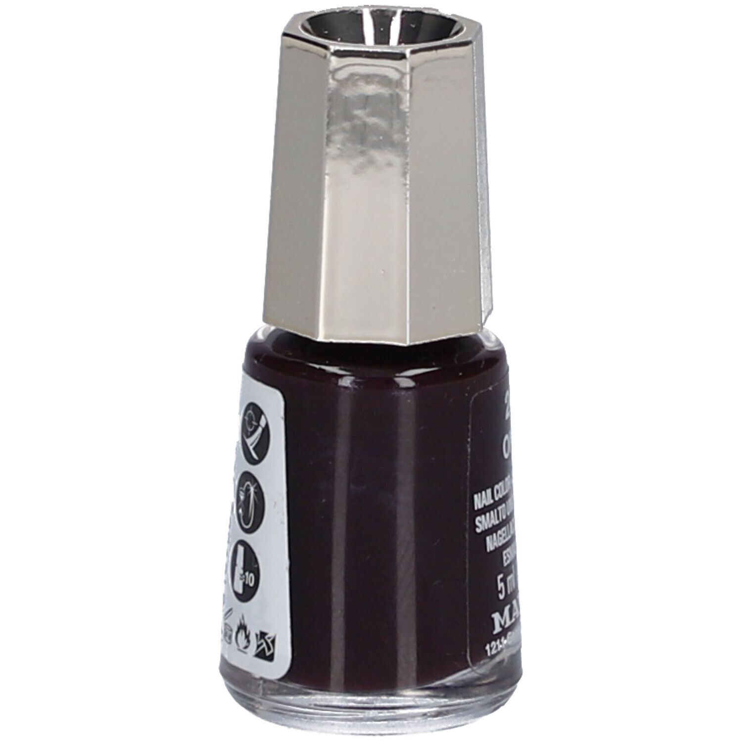 Flacon de vernis à ongles Onyx 5, couleur brun foncé. Bouchon argenté. Autocollant avec symboles et texte. 5 ml, Mavala.
