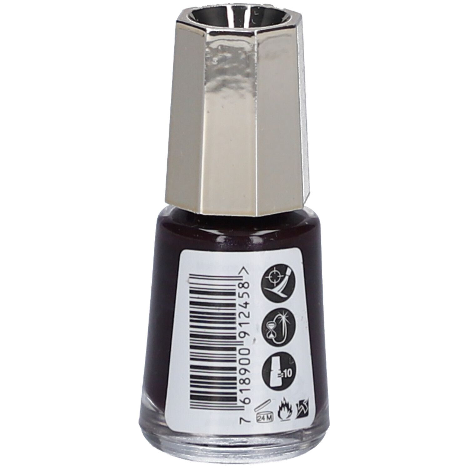 Flacon de vernis à ongles Onyx 5, couleur brun foncé. Bouchon argenté. Code-barres et symboles. 5 ml, Mavala.