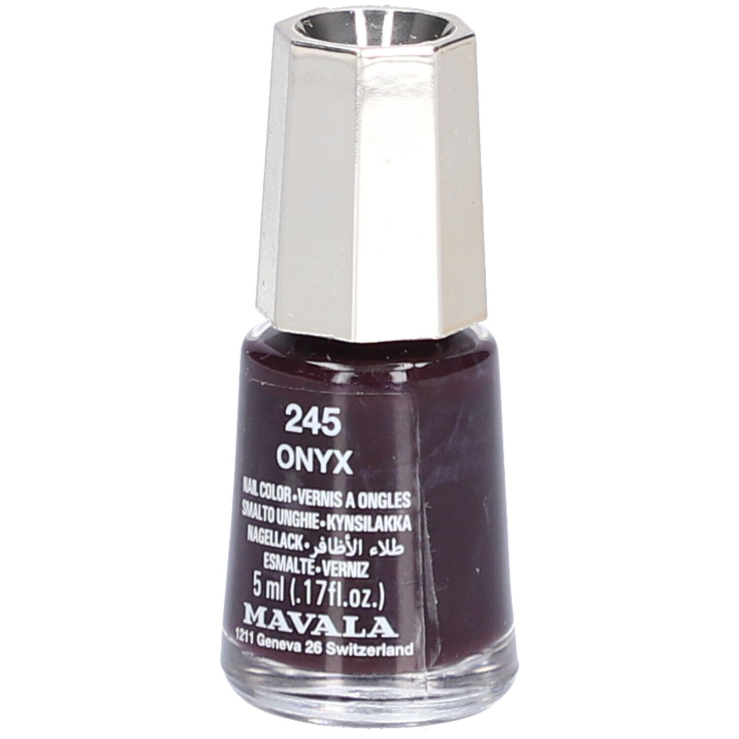 Flacon de vernis à ongles Onyx 5, couleur brun foncé. Bouchon argenté. Inscriptions: 245, Onyx, Nail Color, 5 ml, Mavala.
