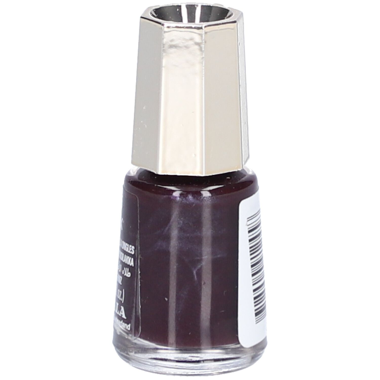 Flacon de vernis à ongles Onyx 5, couleur brun foncé. Bouchon argenté. Code-barres et symboles. 5 ml, Mavala.