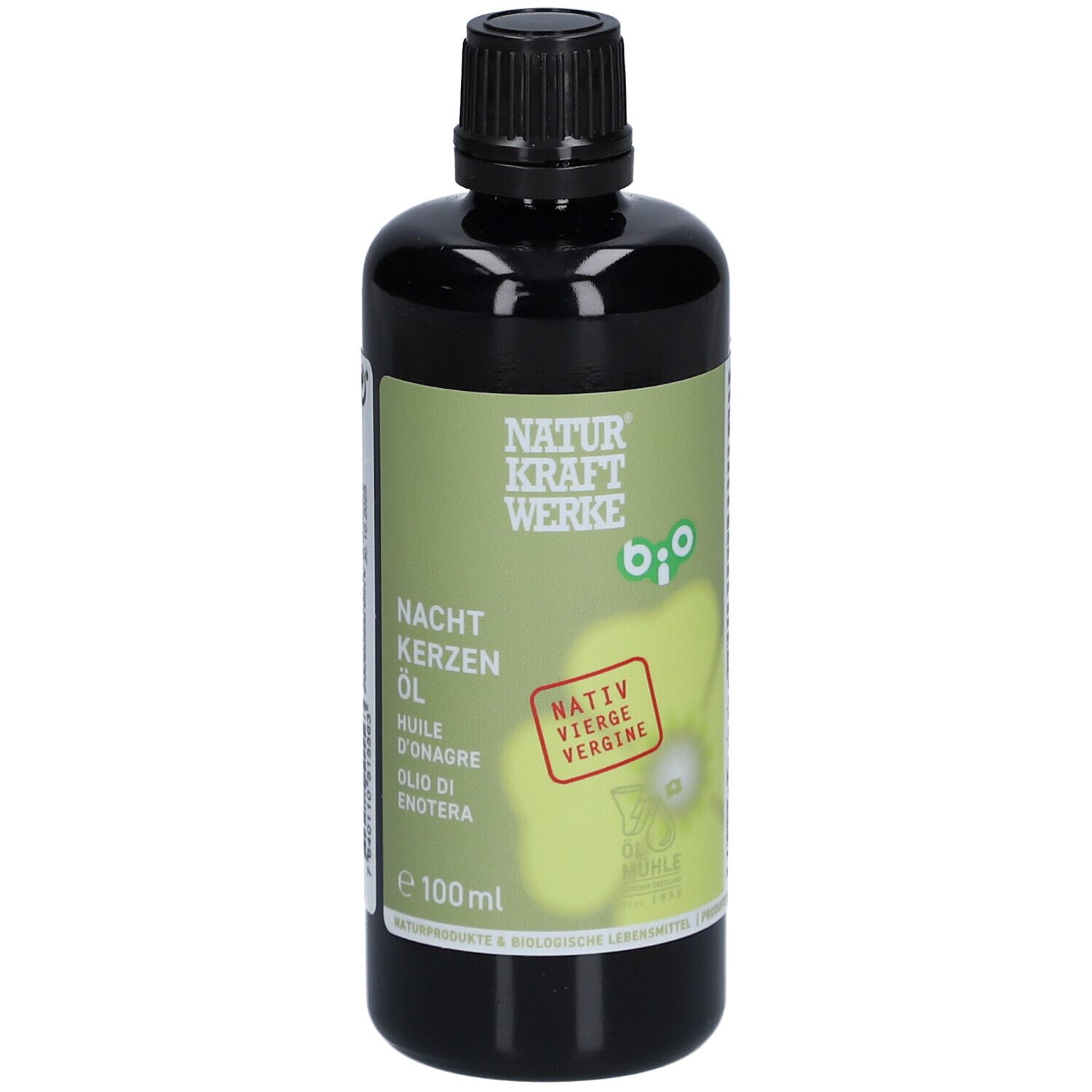 Bouteille marron avec bouchon noir. Étiquette avec nom du produit et label bio. "Huile d'onagre" et "Nativ Vierge" sont visibles.