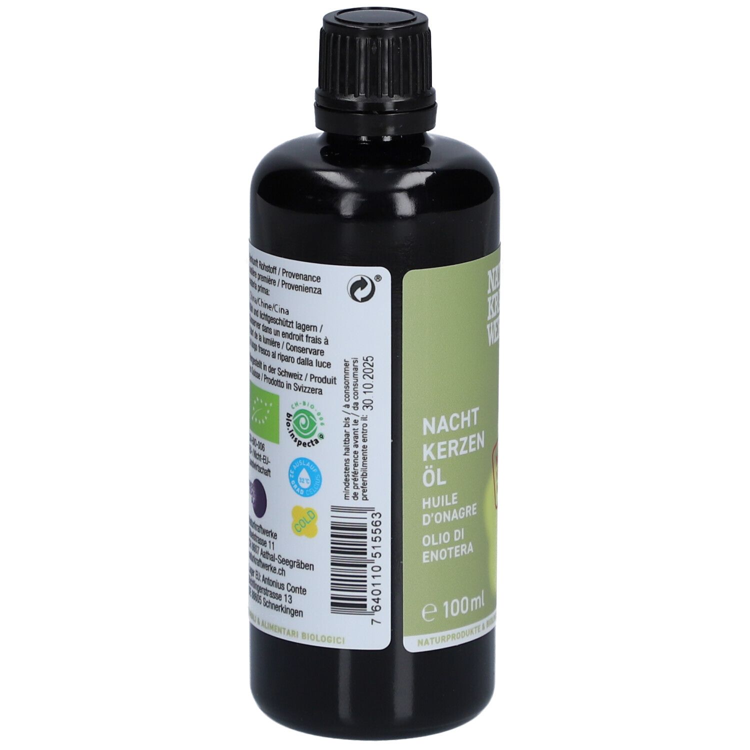 Bouteille marron avec bouchon noir. Dos avec étiquette, texte multilingue. Label bio et date de péremption visibles.