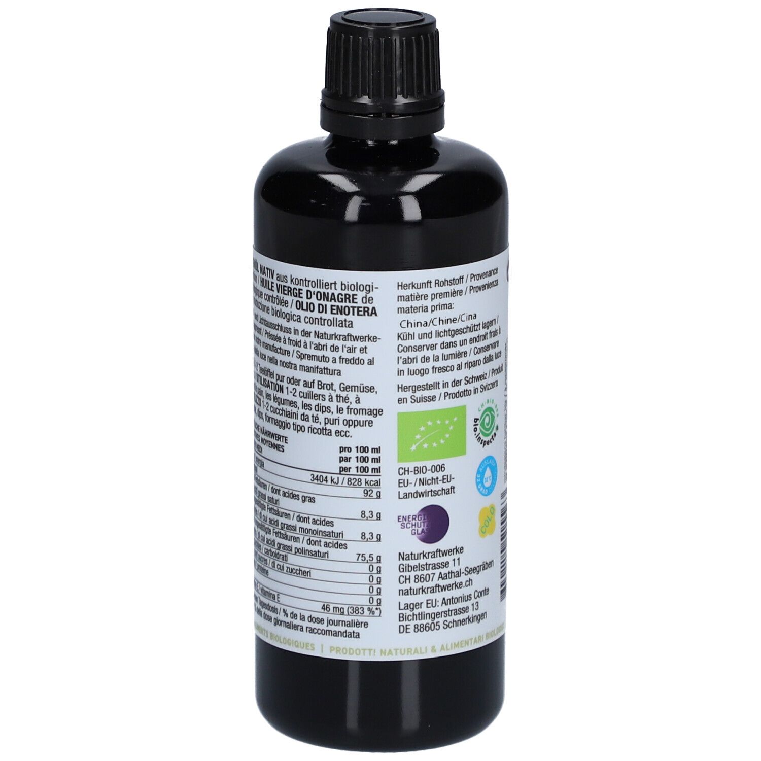 Bouteille marron avec bouchon noir. Étiquette avec informations nutritionnelles et ingrédients. Texte multilingue, label bio.