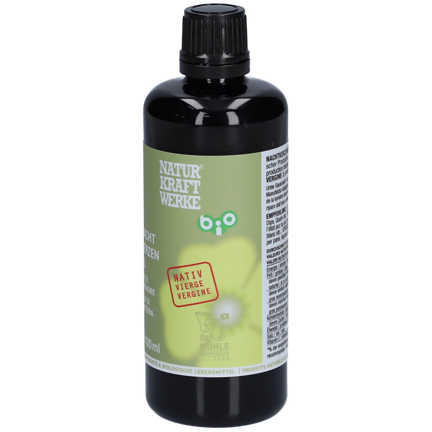 Bouteille marron avec bouchon noir. Étiquette avec nom du produit et label bio. "Huile d'onagre" et "Nativ Vierge" sont visibles.