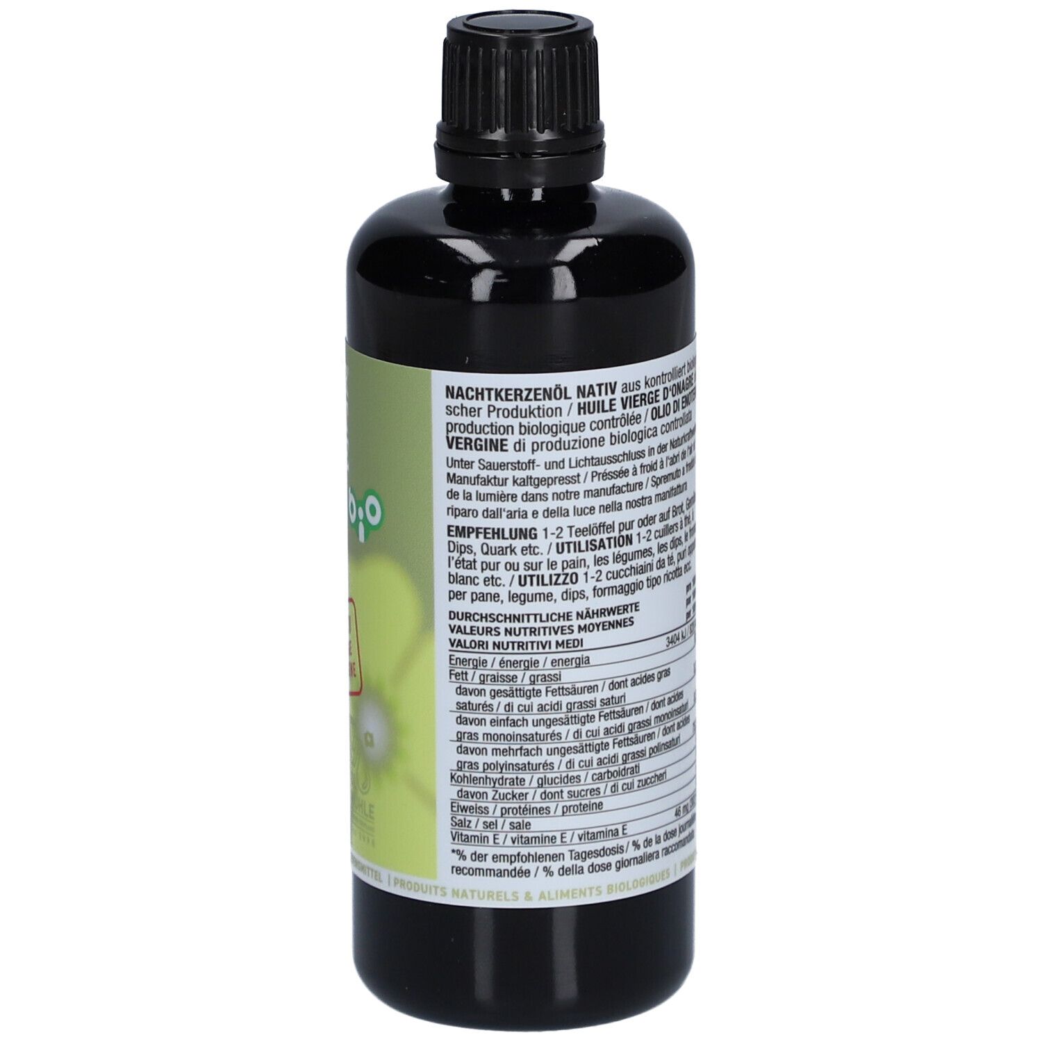 Bouteille marron avec bouchon noir. Étiquette avec informations nutritionnelles et ingrédients. Texte multilingue, label bio.