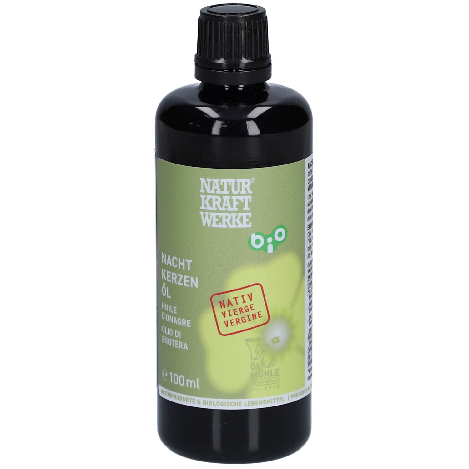 Bouteille marron avec bouchon noir. Étiquette avec nom du produit et label bio. "Huile d'onagre" et "Nativ Vierge" sont visibles.