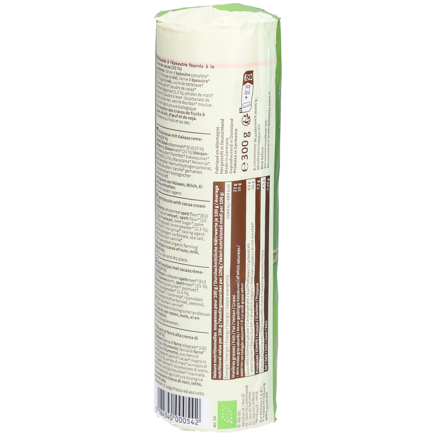 PURAL Bio Bis: Vue latérale de l'emballage tubulaire vert avec liste d'ingrédients détaillée et label Bio.