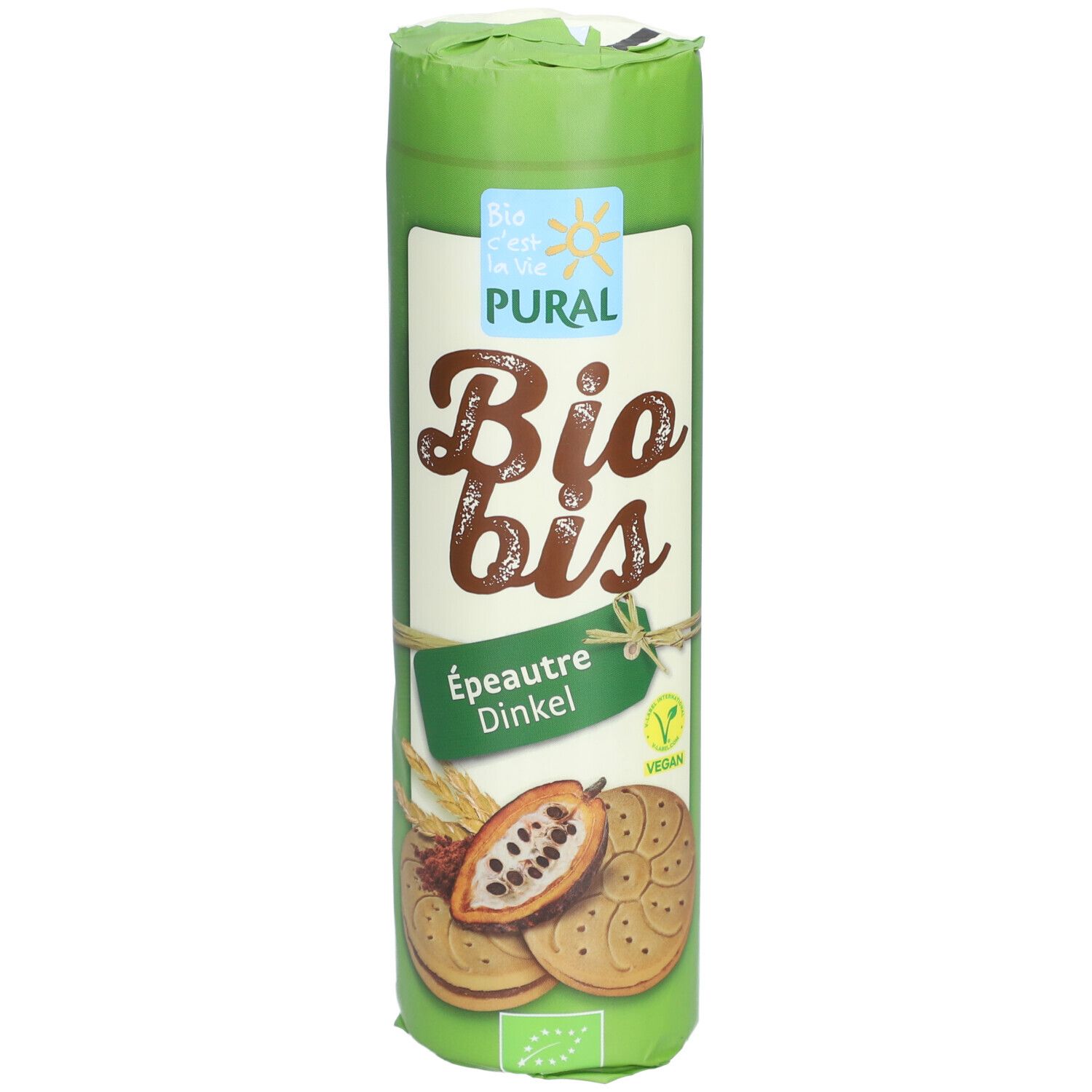 PURAL Bio Bis: Biscuits épeautre-chocolat dans un emballage tubulaire vert. Vegan et certifié Bio.