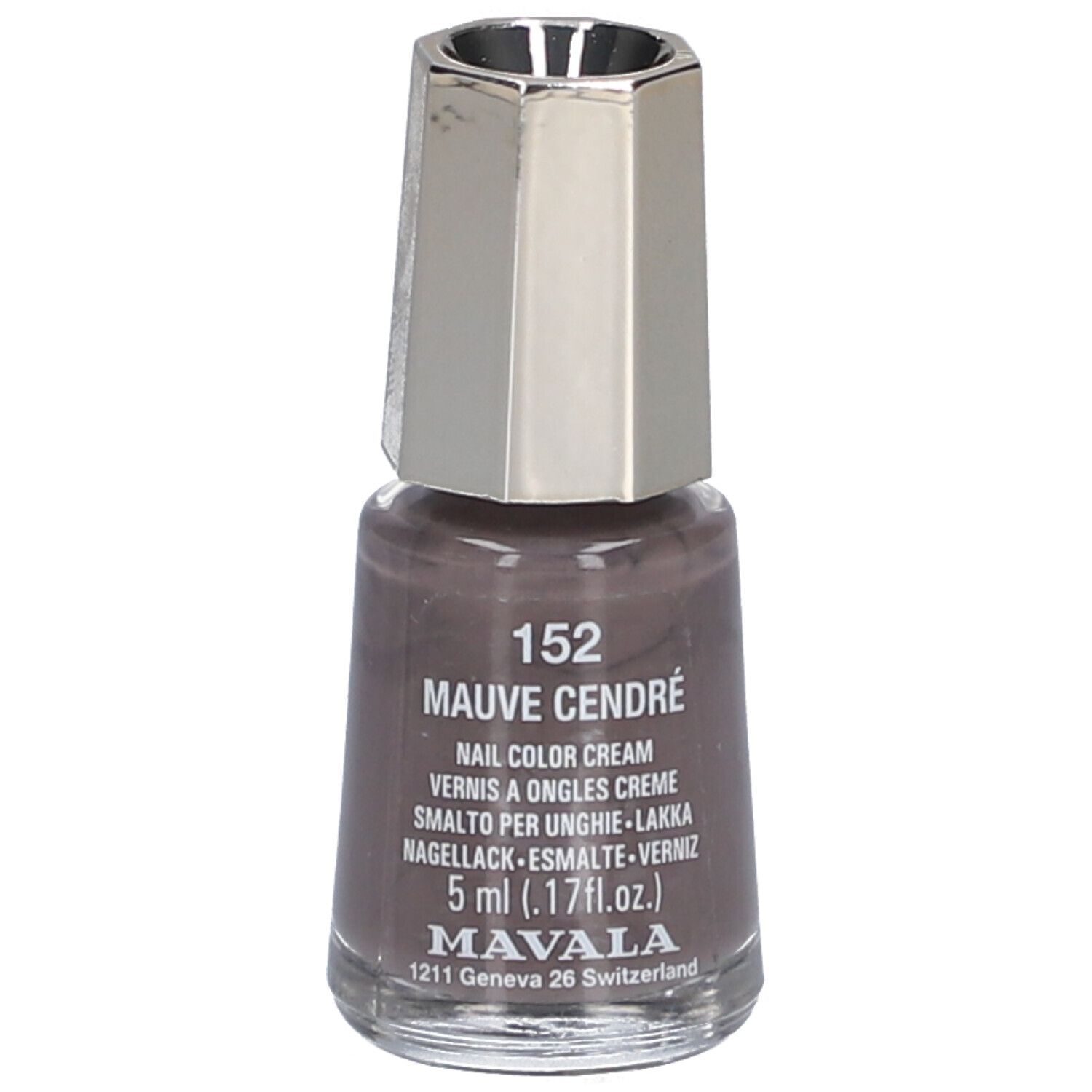Flacon de vernis à ongles Mauve Cendré. Bouchon argenté. Inscription: 152, Nail Color Cream, 5 ml.