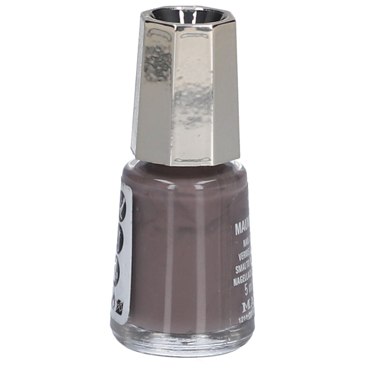 Flacon de vernis à ongles Mauve Cendré. Bouchon argenté. Inscription partiellement cachée.