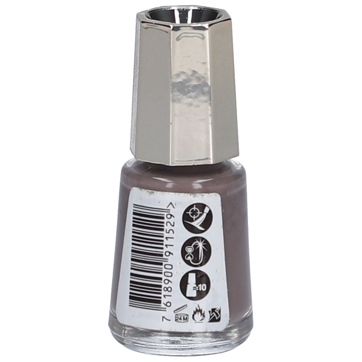 Flacon de vernis à ongles Mauve Cendré. Bouchon argenté. Dos avec code-barres et symboles.