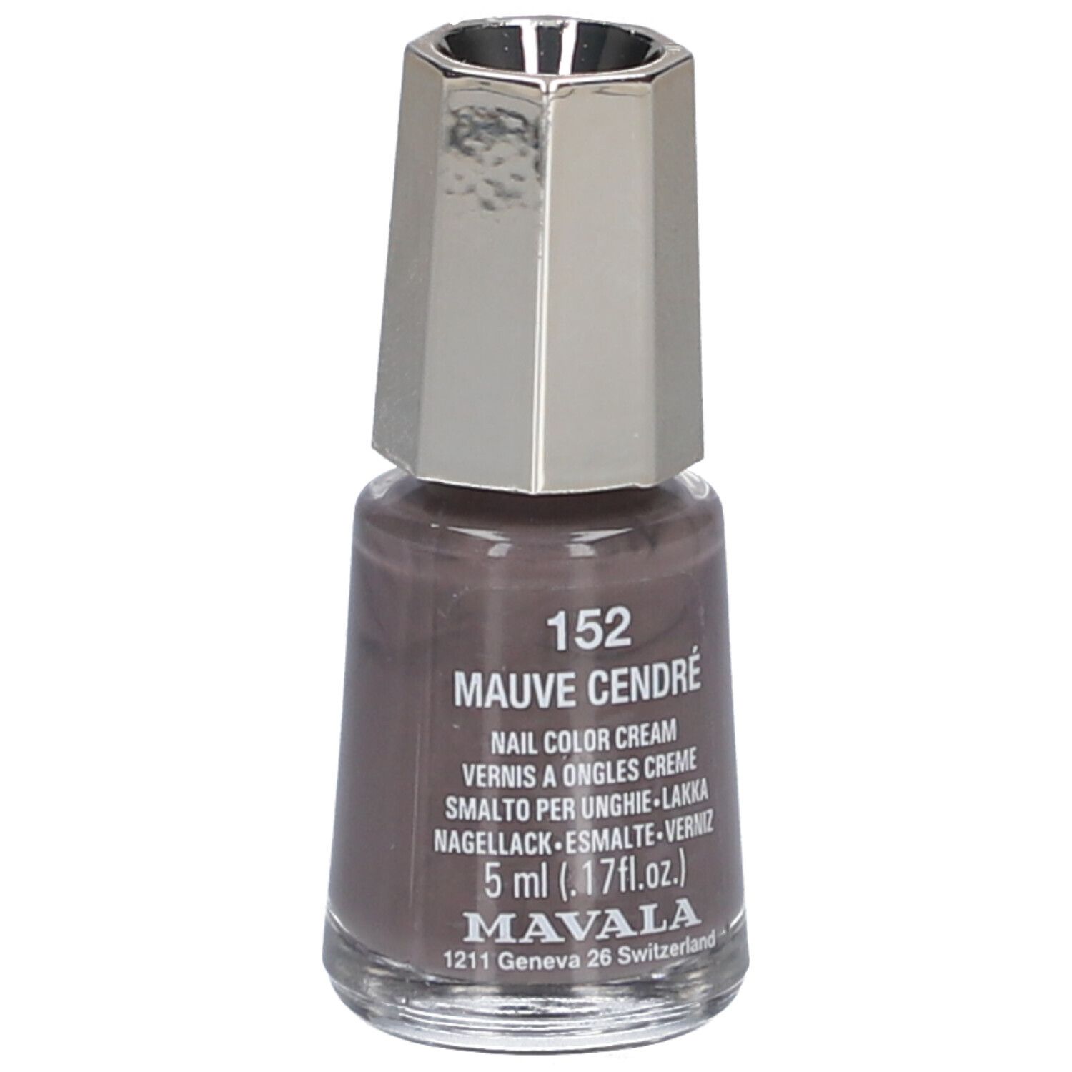 Flacon de vernis à ongles Mauve Cendré. Bouchon argenté. Inscription: 152, Nail Color Cream, 5 ml.