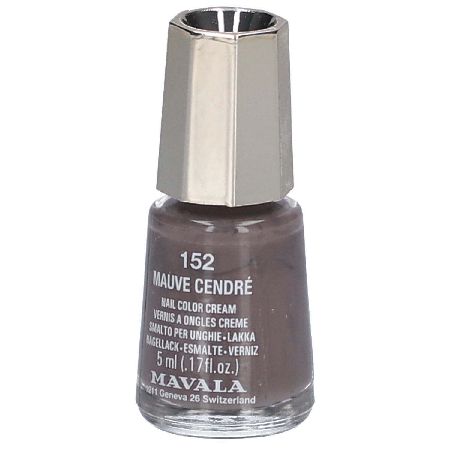 Flacon de vernis à ongles Mauve Cendré. Bouchon argenté. Inscription: 152, Nail Color Cream, 5 ml.