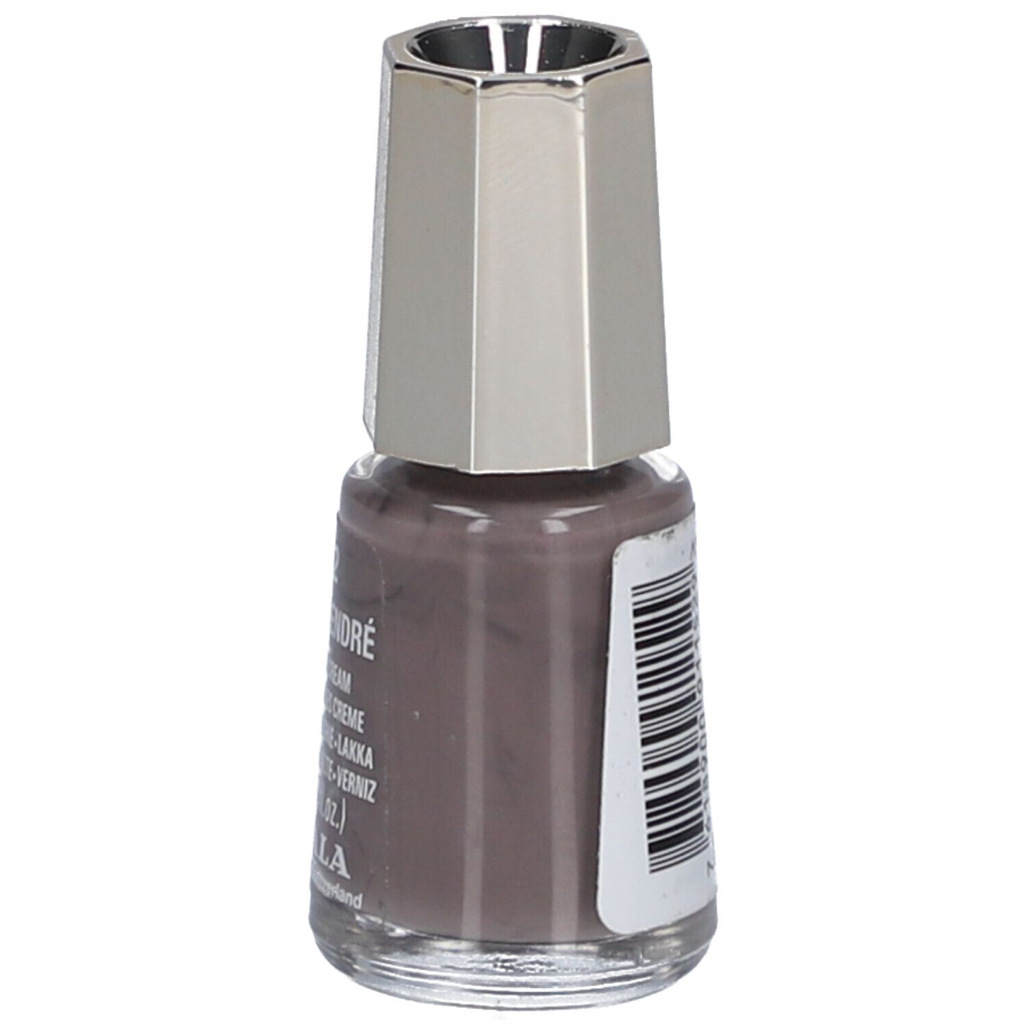 Flacon de vernis à ongles Mauve Cendré. Bouchon argenté. Inscription partiellement cachée.