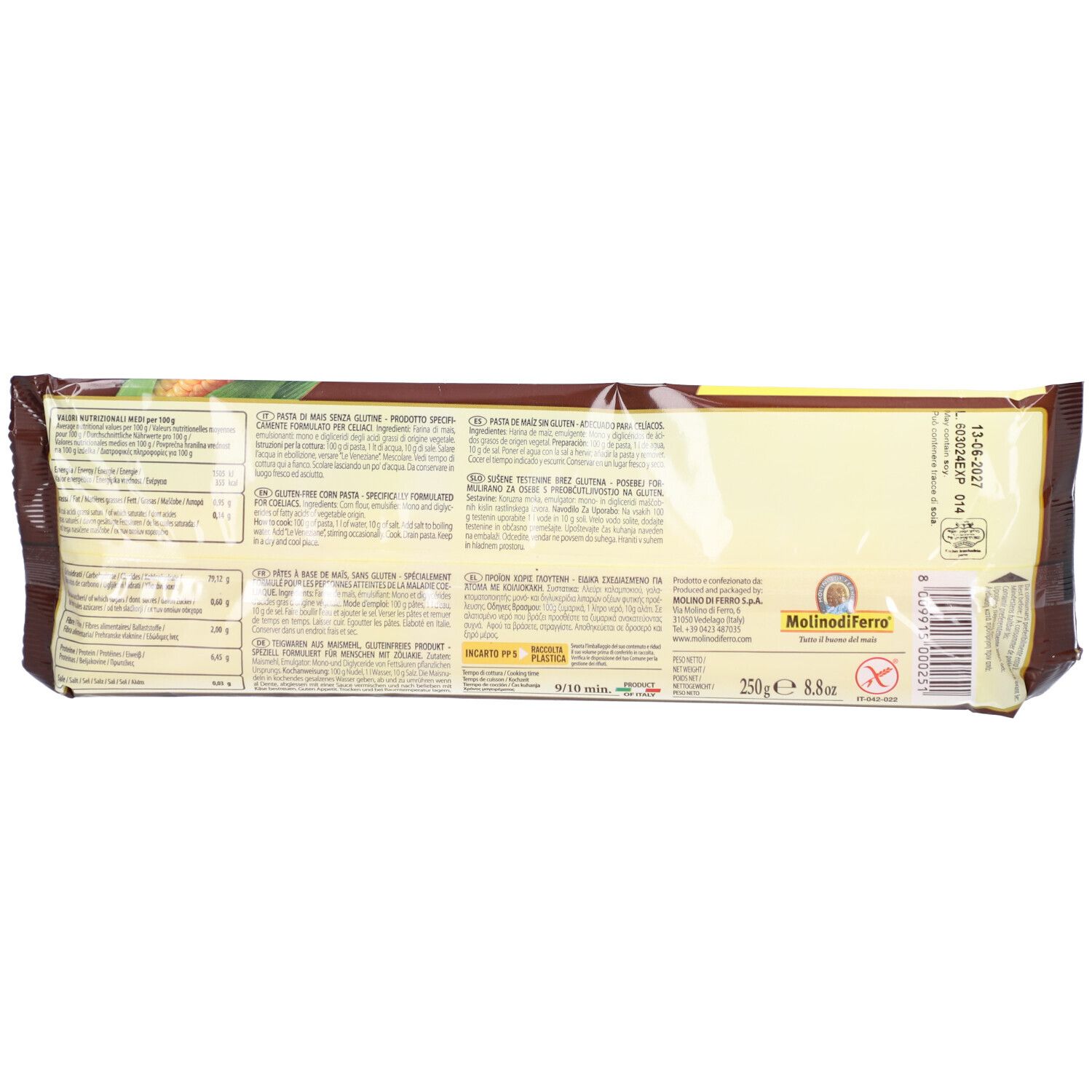 Dos de l'emballage Le Veneziane Spaghetti Maispasta glutenfrei. Texte et informations nutritionnelles.