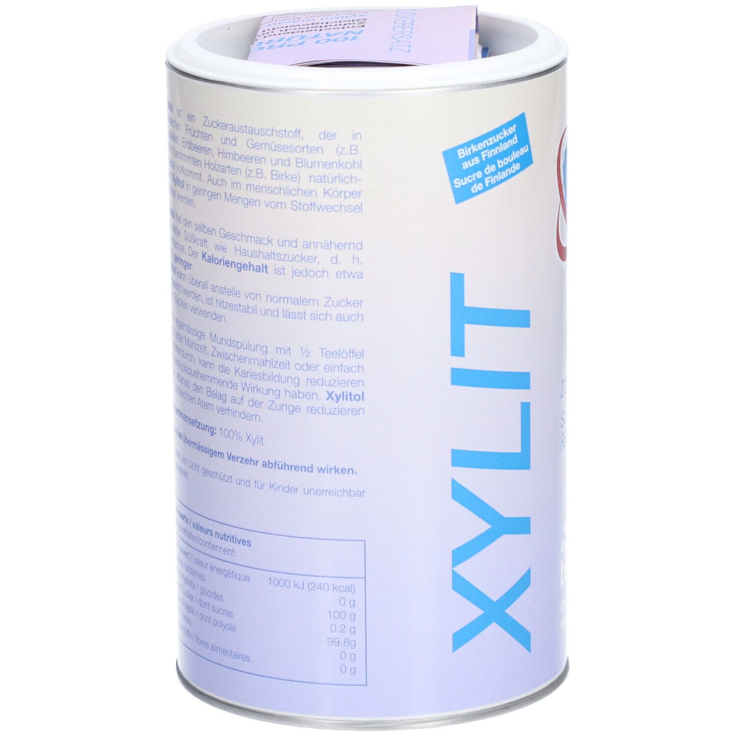 Achterkant van de Xylitol suikervervanger. Tekst: Xylitol, berkenzucker uit Finland. Voedingswaarde. Ingrediënten: 100% Xylitol.