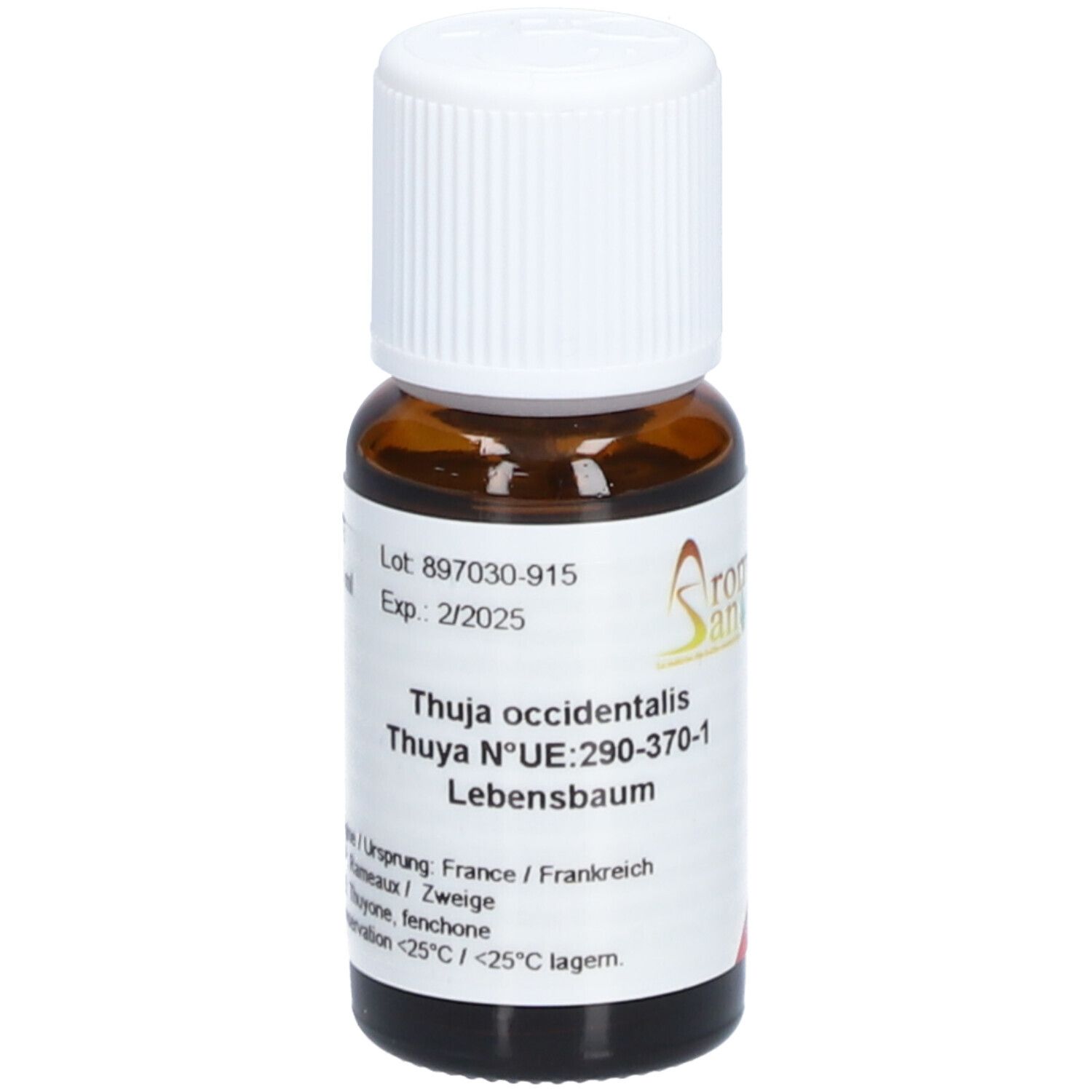 Flacon en verre brun avec bouchon blanc. Étiquette avec nom du produit, numéro de lot et date d'expiration. Logo Aromasan.