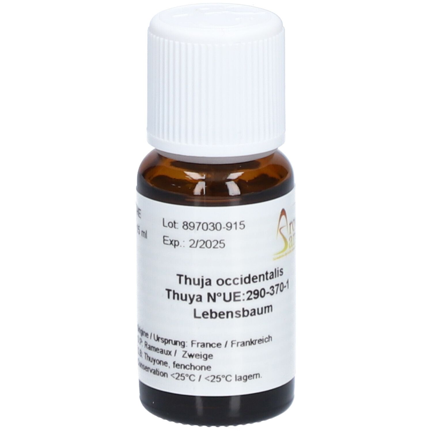 Flacon en verre brun avec bouchon blanc. Étiquette avec nom du produit, numéro de lot et date d'expiration. Logo Aromasan.