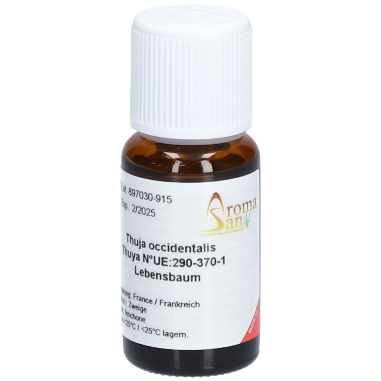 Flacon en verre brun avec bouchon blanc. Étiquette avec nom du produit, numéro de lot et date d'expiration. Logo Aromasan.