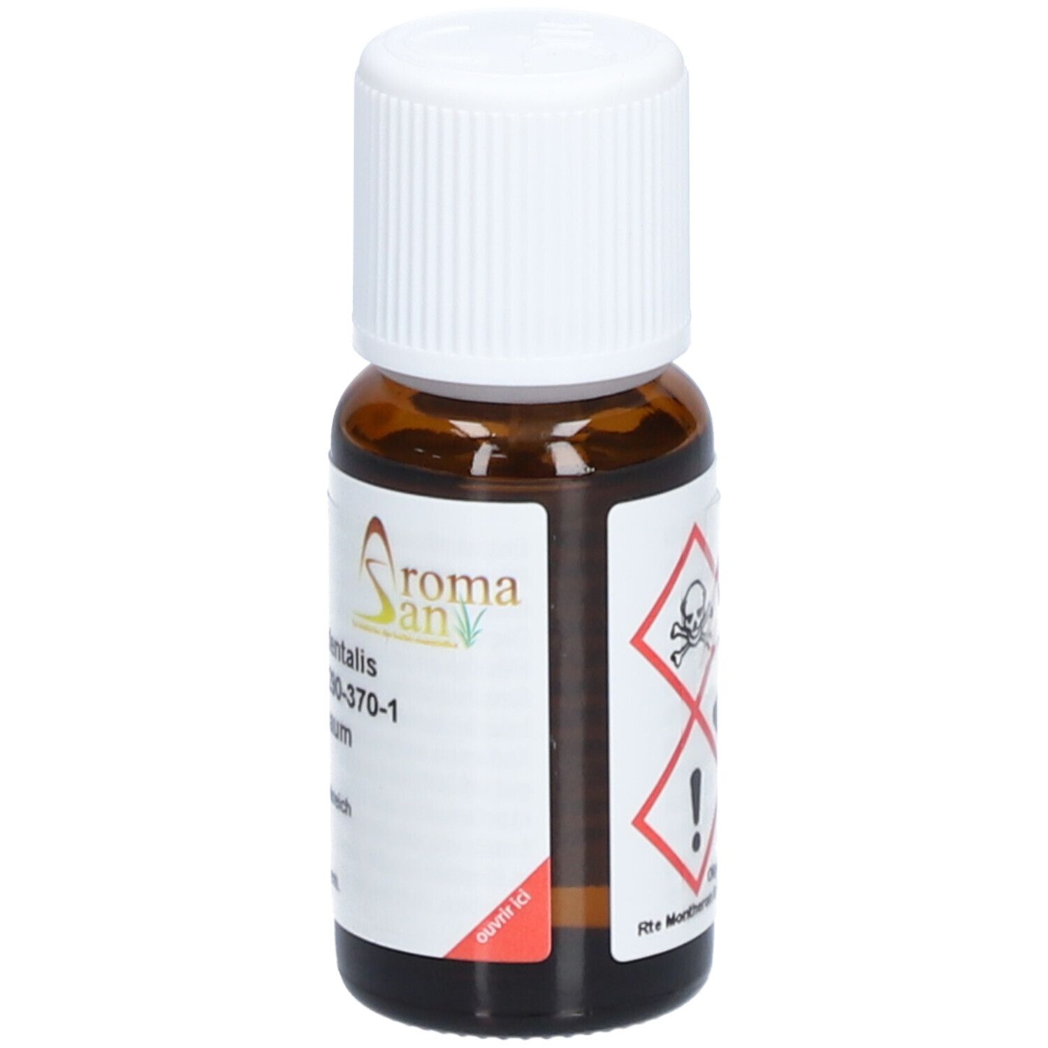 Flacon en verre brun avec bouchon blanc. Étiquette avec symboles de danger et informations sur le produit. Logo Aromasan.