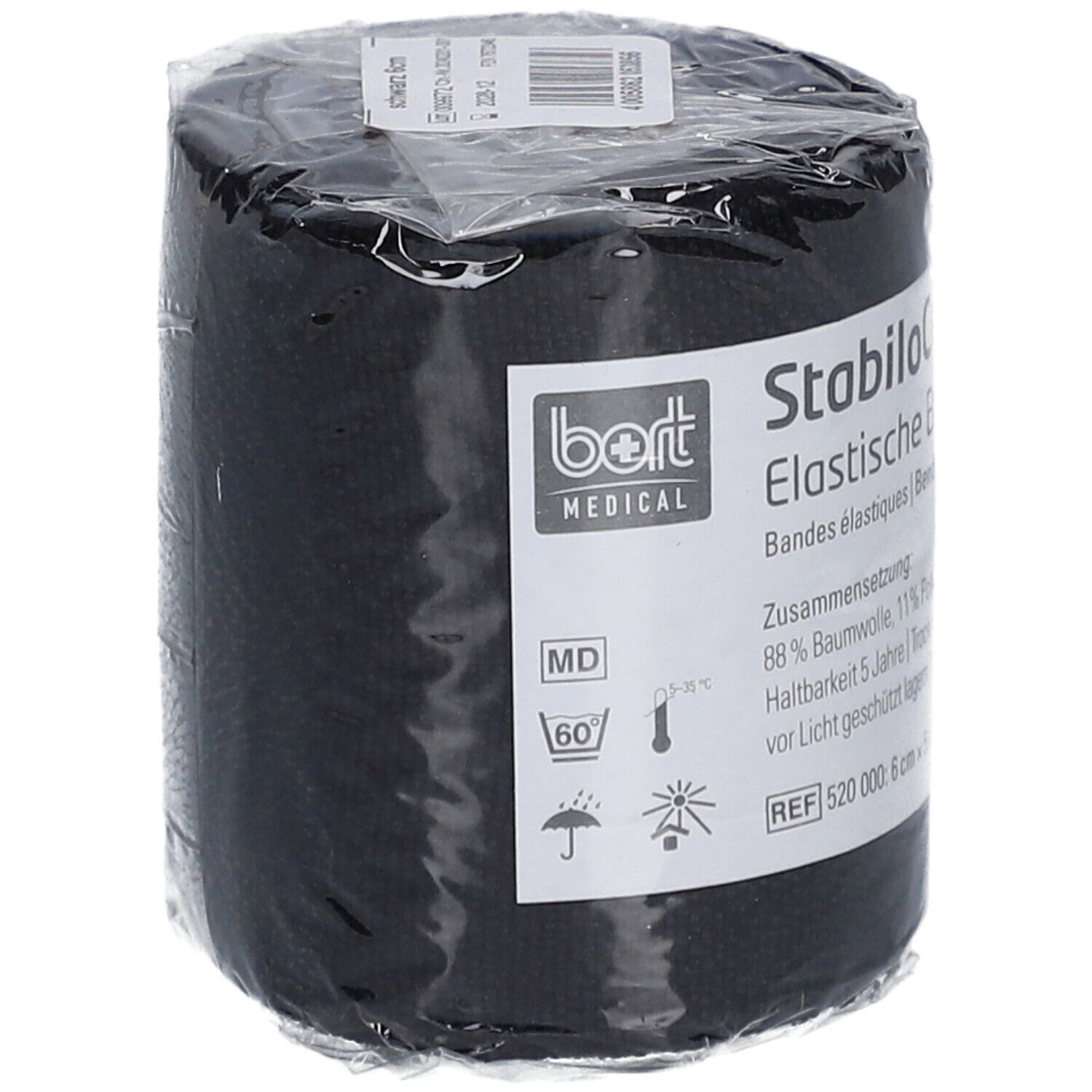 Bande élastique noire emballée. Étiquette: bort MEDICAL, MD, 60°, StabiloColor, bande élastique, REF 520 000: 6 cm x 5 m.