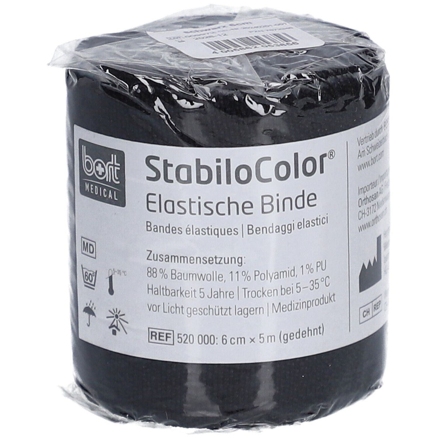 Bande élastique noire emballée. Étiquette: bort MEDICAL, StabiloColor, bande élastique, REF 520 000: 6 cm x 5 m.